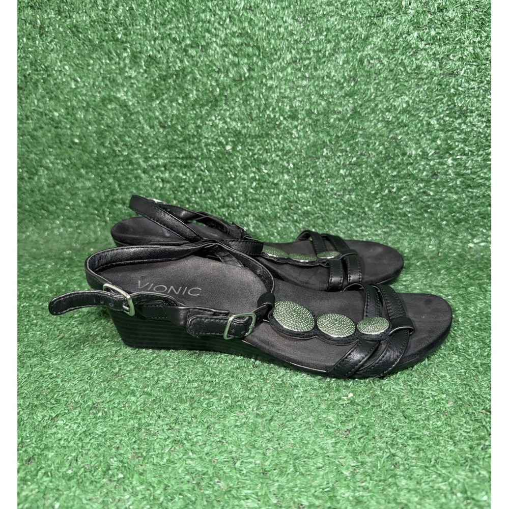 Vionic Sandals Women Size 6 Noleen Ankle Strap Black Slip On Comfort Wedge Heels